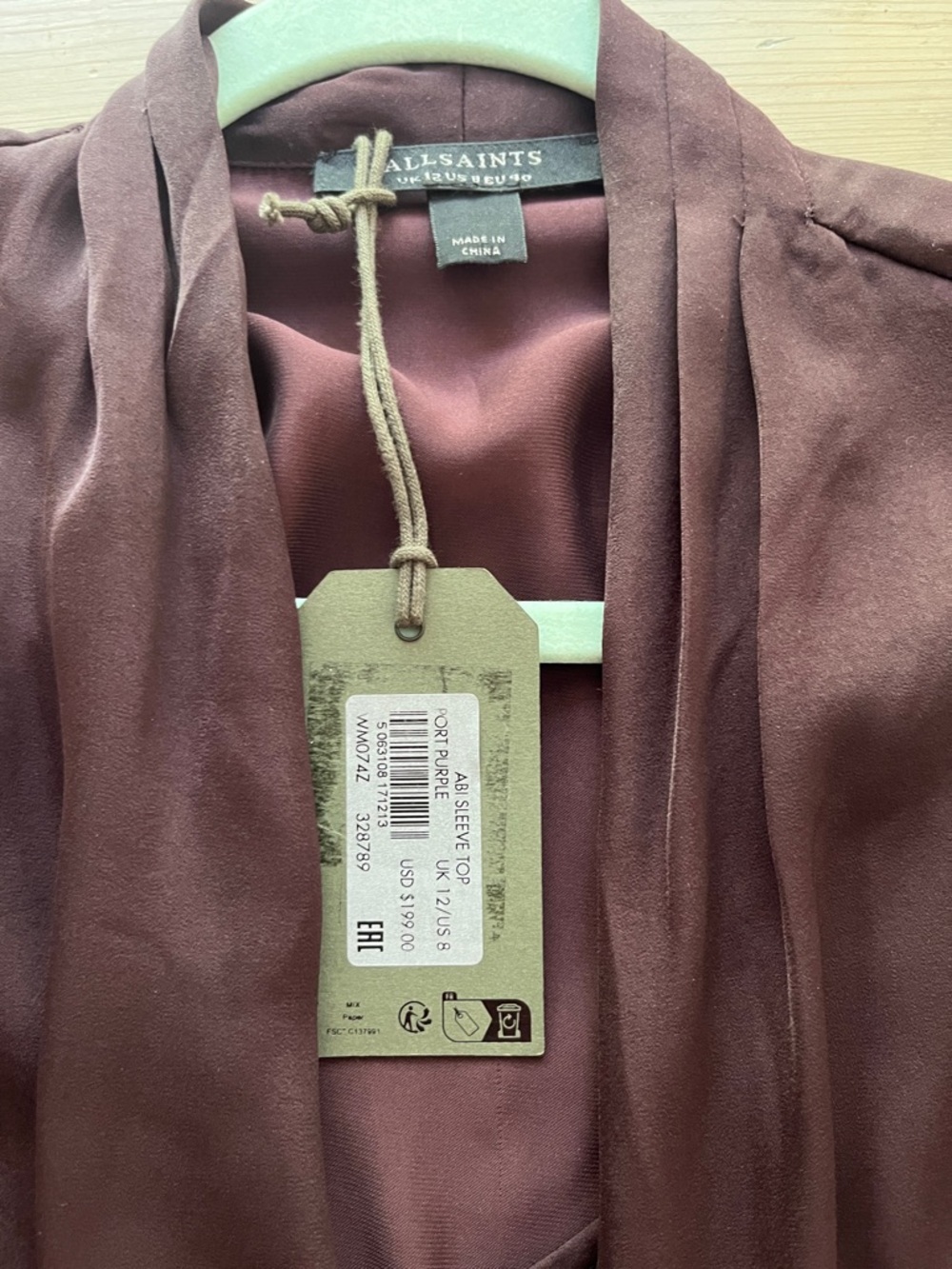 AllSaints Abi Long Sleeve Draped Asymmetrical Top in Port Purple. size 8. NWT. - Picture 5 of 12